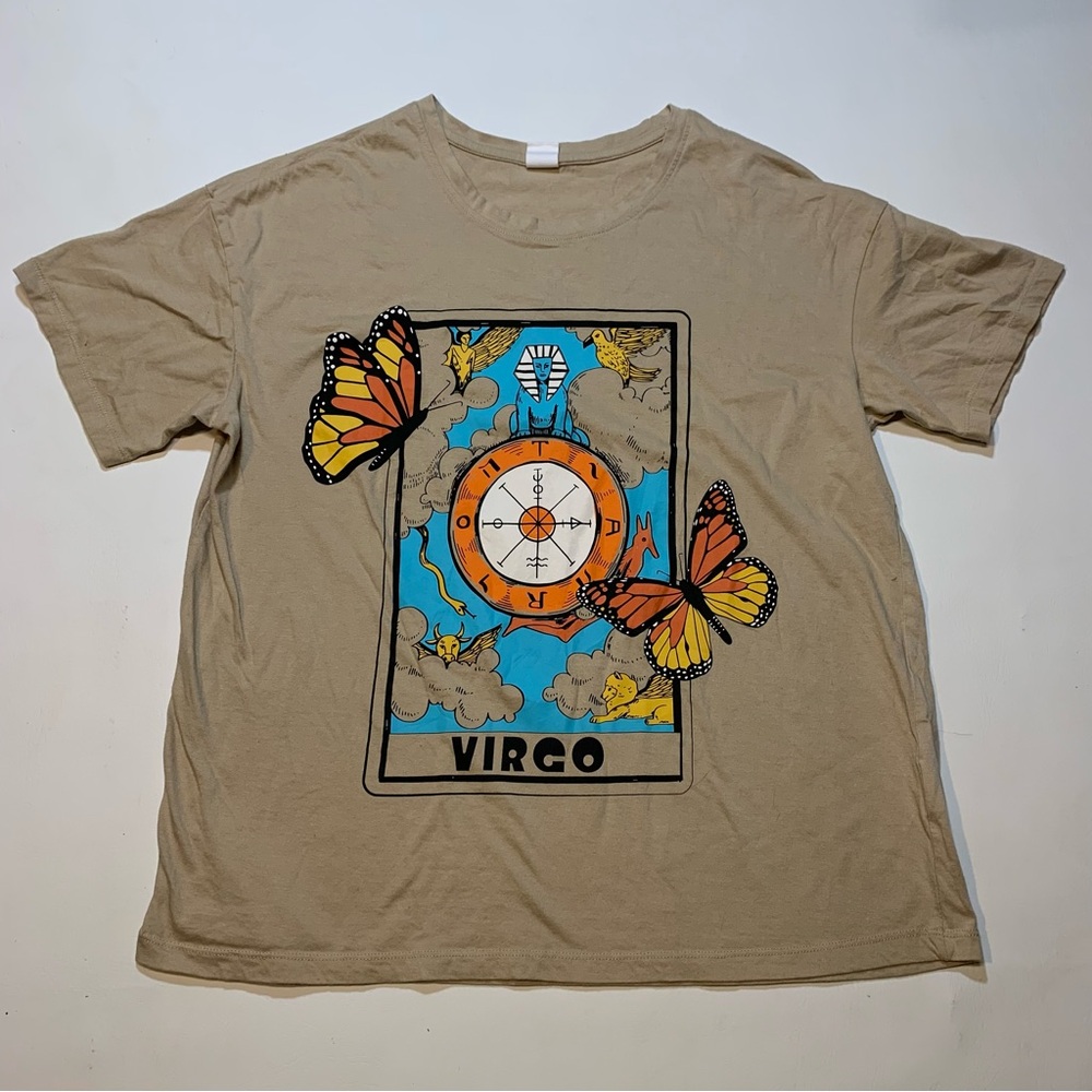 La Luna Women's Tan Cotton T Shirt Virgo XL Tarot Butterfly Festival Graphic